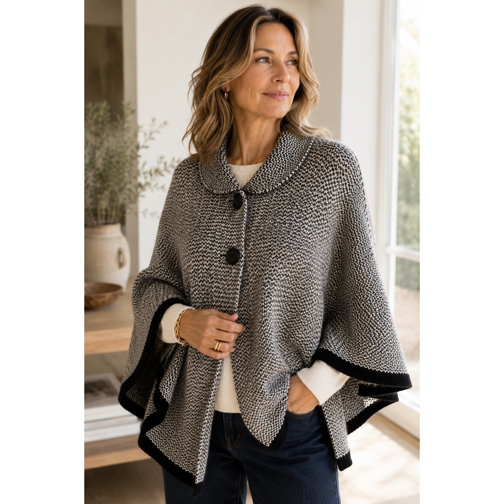 Alicia Peru‎ Alpaca Blend Wool Knit Cape Poncho Cardigan Black Ivory Peru OS